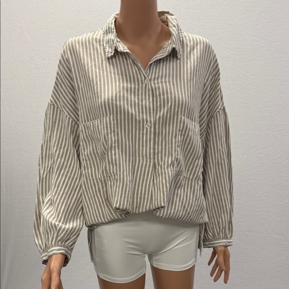 Max Studio Beige & White Striped Relaxed Button-Down